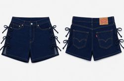 CR1655 UPCYCLED LACE-UP DENIM SHORTS