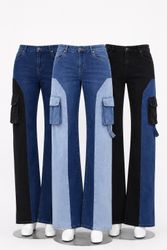 CR1657 UPCYCLED DENIM CARGO PANEL JEANS