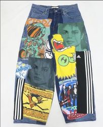 CR1658 UPCYCLED GRAPHIC PATCHWORK DENIM JEANS