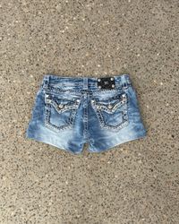 Upcycled Miss Me True Religion Rock Revival shorts