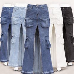CR1686 UPCYCLED CARGO FLARE DENIM JEANS