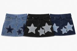 CR1687 UPCYCLED STAR PATCH DENIM MINI SKIRT