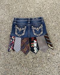 Upcycled Denim Tie Fringe Mini Skirt