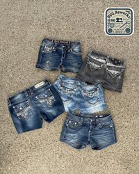 Upcycled Miss Me True Religion Rock Revival shorts