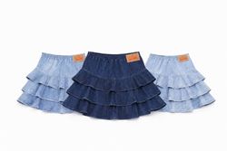 CR1713 UPCYCLED LAYERED RUFFLE DENIM MINI SKIRT