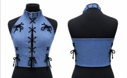 CR1734 UPCYCLED LACE-UP HALTER DENIM TOP