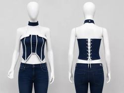 CR1779 Upcycled Denim Corset Halter Top