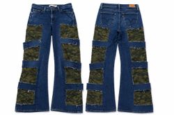 CR1785 Upcycled Camo Patch Flare Jeans