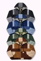 CR1792 Upcycled Patchwork Denim Hooded Zip Jacket