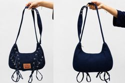 CR1807 UPCYCLED LACE-UP DENIM SHOULDER BAG