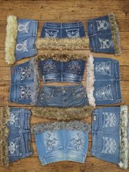 Vintage Y2K Bling Pocket Denim & Faux Fur Skirts