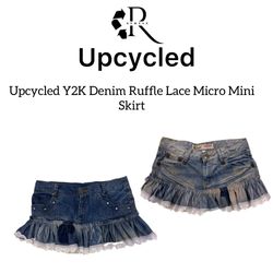 Upcycled Y2K Denim Ruffle Lace Micro Min..