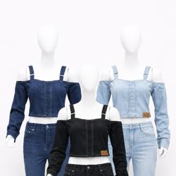 CR1828 Upcycled Denim Strap Crop Top