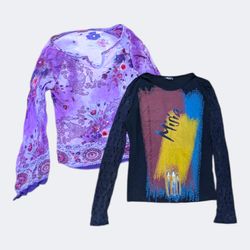 Y2K Long Sleeve Blouse Mesh Printed Aesthetic Top