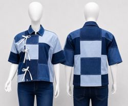 CR1832 UPCYCLED PATCHWORK BOW DENIM SHIRT