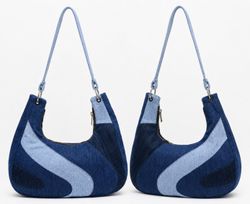 CR1842 UPCYCLED CURVED PANEL DENIM SHOULDER BAG