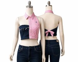 CR1859 Upcycled Denim Gingham Halter Top