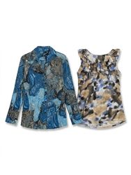 (FV-1727) Vintage Monochrome Print Blouses