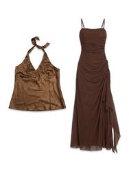 (FV-1806) Vintage style Boho  Brown Satin Maxi Ski..