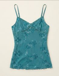 Vintage Y2K Teal Mesh Cami Top – Floral Sequin Emb..