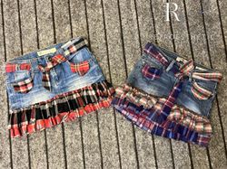 Upcycled Y2K Denim & Flannel Ruffle Mini Skirt