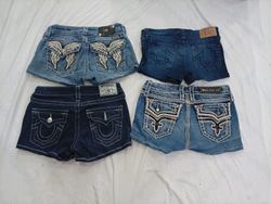 CR9448 Upcycled Mix Branded Mini Denim Shorts