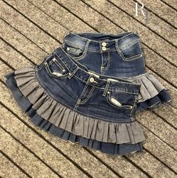 Upcycled Y2K Denim Ruffled Mini Skirts
