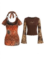 (FV-1859) Brown Animal Print Tops Bundle Vintage Y..