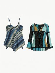 (FV-1858) Blue Boho & Patchwork Tops Bundle Y2K Bl..