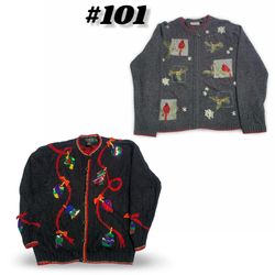 Vintage Holiday Ugly Christmas Sweater Cardigan Zi..