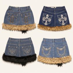 Y2k Embellished Up Cycled Mini Skirts With Fur Tri..