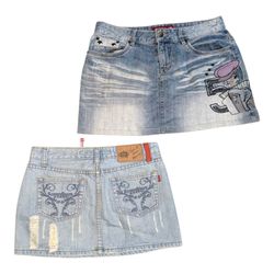 Y2K Denim Mini Skirt Graphic Embroidery Vintage 20..
