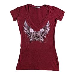 Vintage Y2K Graphic Baby Tee Wing Heart V Neck Fit..