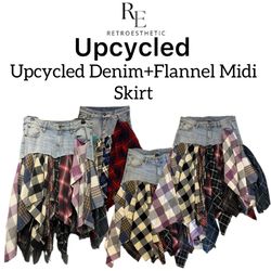 Upcycled Denim + Flannel Midi Skirts