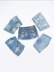 Vntg 2000s Aesthetic Embroidered Jean Mini Skirts ..