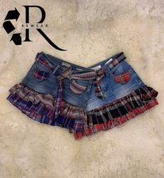 Upcycled Y2K Denim & Flannel Ruffle Mini Skirt