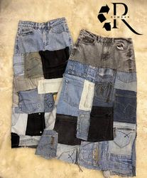 Upcycled  Denim Pockets Patchwork Maxi Skirt