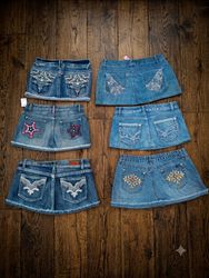 Y2K Denim Skirt Lot | Embellished & Rhinestone Poc..