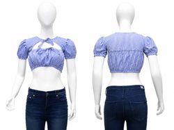 CR1908 UPCYCLED PUFF-SLEEVE TIE-FRONT CROP TOP