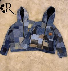 Upcycled Denim Patchwork Baggy Style Hoddes Jacket..
