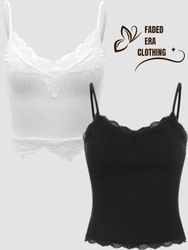 Lace Trim Ribbed Camisole Tank Top