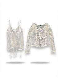 (FV-2090)     Cream Coquette Y2K Lace & Ruched Top..