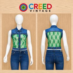CR2289 UPCYCLED DENIM & LACE CROP VEST