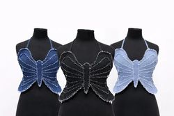 CR2100 Upcycled Denim Butterfly Crop Top