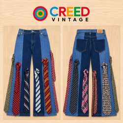CR2194 UPCYCLED NECKTIE APPLIQUÉ FLARE DENIM JEANS