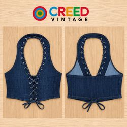 CR2276 UPCYCLED LACE-UP DENIM HALTER CORSET TOP