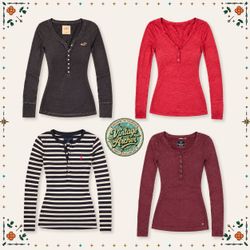 Retro Button Neck Long Sleeve Henley Tops :10pcs (..