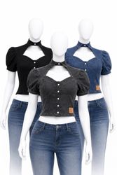 CR2091 Upcycled Collar Crop Top