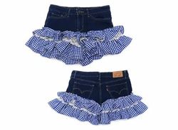 CR2151 UPCYCLED DENIM RUFFLE MINI SHORTS