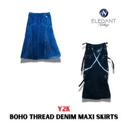 Y2K Boho Thread Denim Maxi Skirts - EV1106